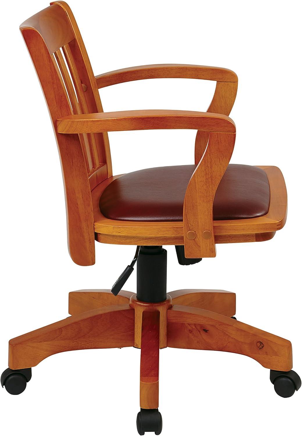 Deluxe Fruitwood Finish Wood Banker's Desk Chair with Brown Vinyl Seat