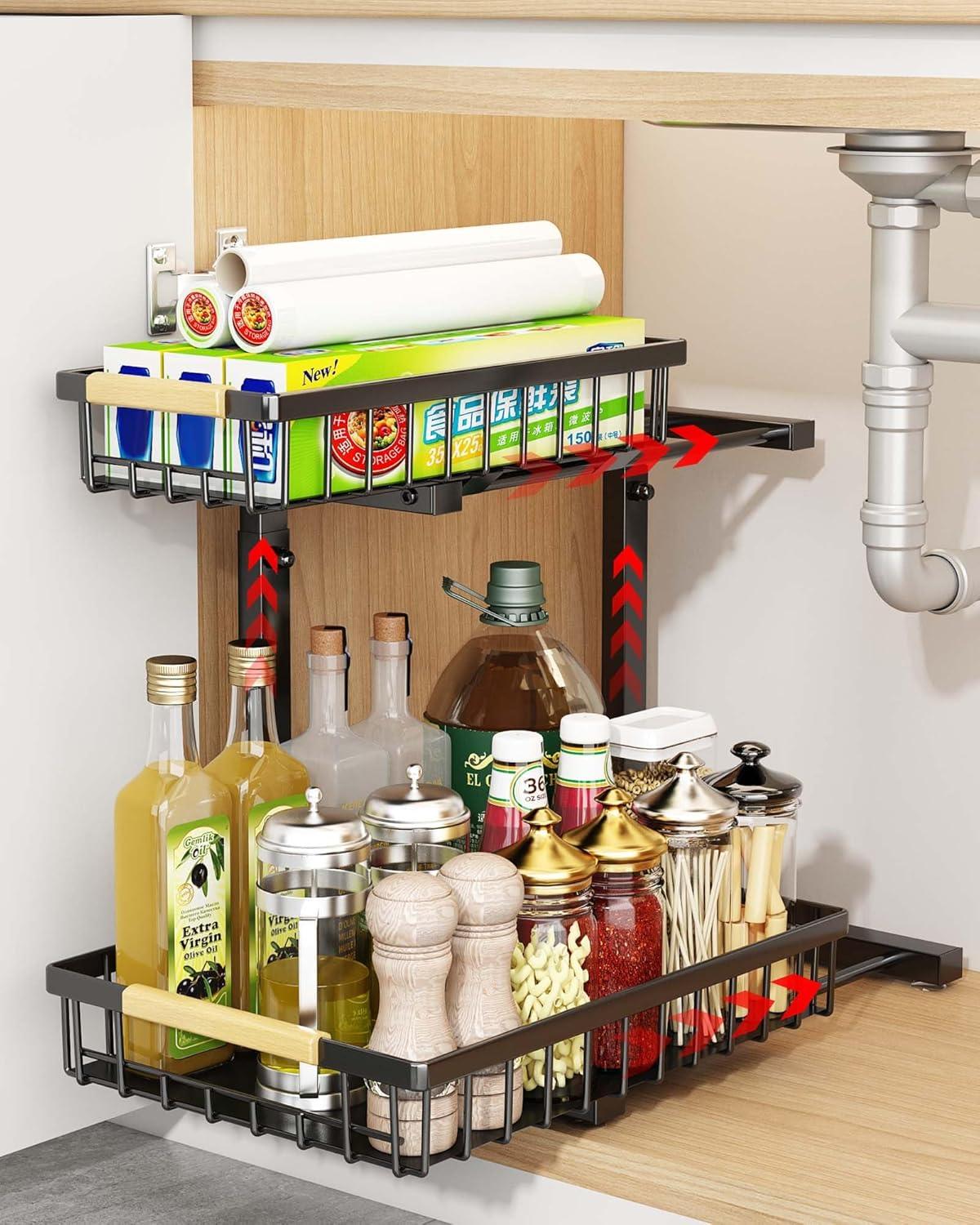 Rebrilliant Under Sink Organizer, 2 Tier Under Sink Organizers And Storage, Metal Slide Out Pull Out Cabinet Organizer ,2 Pack Sliding Drawer Organizer For Kitchen Bathroom Pantry