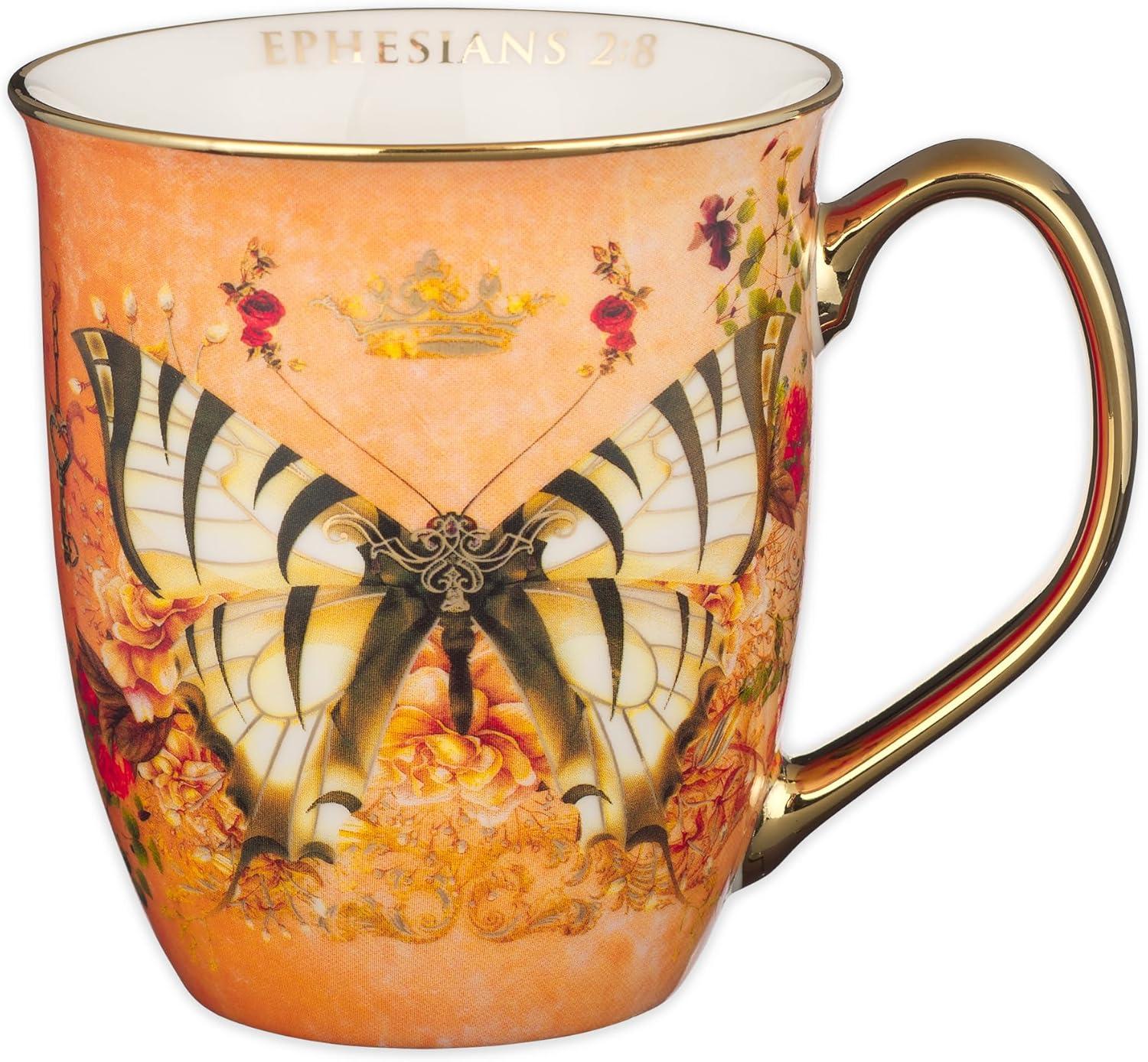Christian Art Gifts Large Ceramic Butterfly Scripture Coffee & Tea Mug for Women: Grace - Inspirational Bible Verse Novelty Non-toxic Drinkware w/Gold Accents, Orange & White Multicolor Floral, 14 oz.