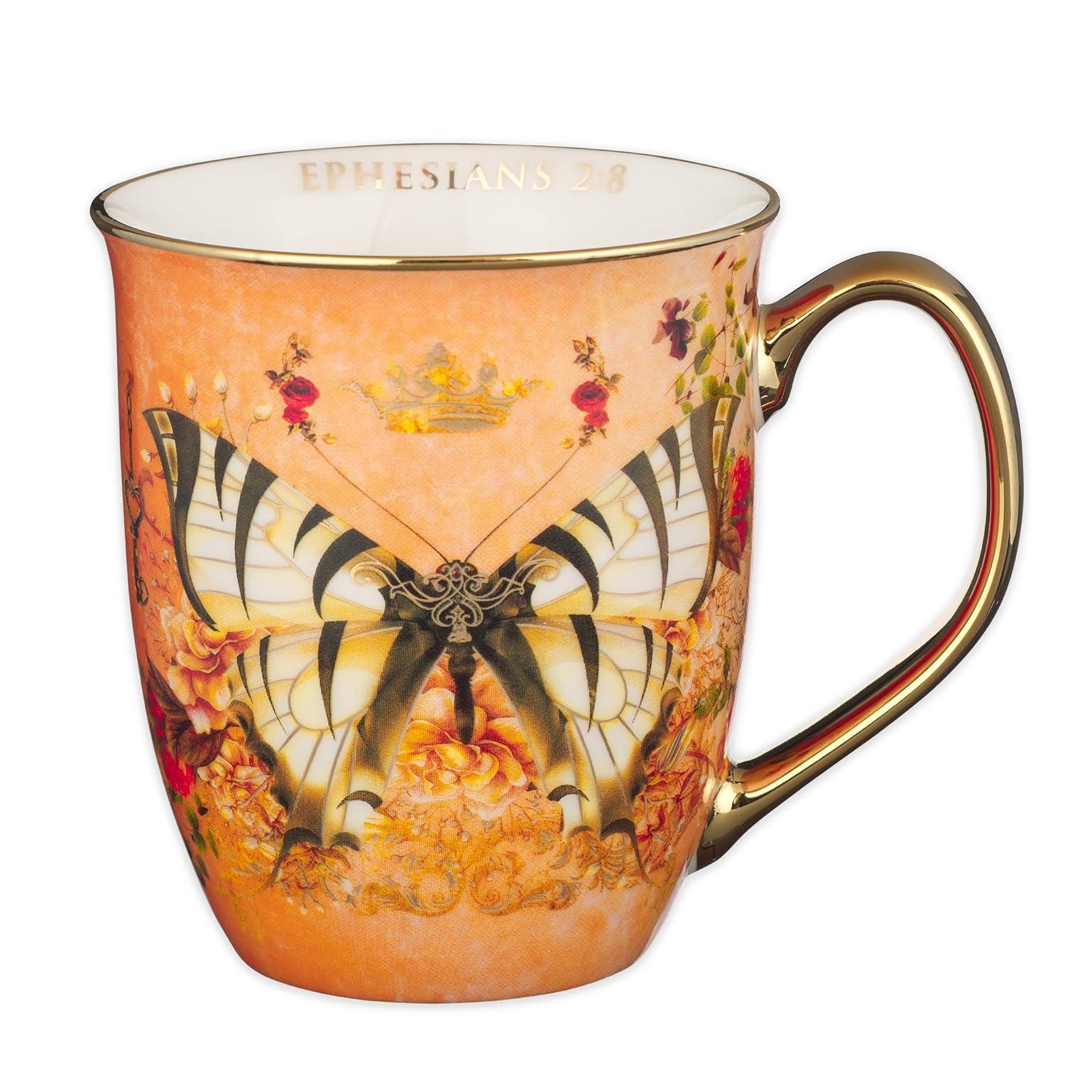 Christian Art Gifts Large Ceramic Butterfly Scripture Coffee & Tea Mug for Women: Grace - Inspirational Bible Verse Novelty Non-toxic Drinkware w/Gold Accents, Orange & White Multicolor Floral, 14 oz.