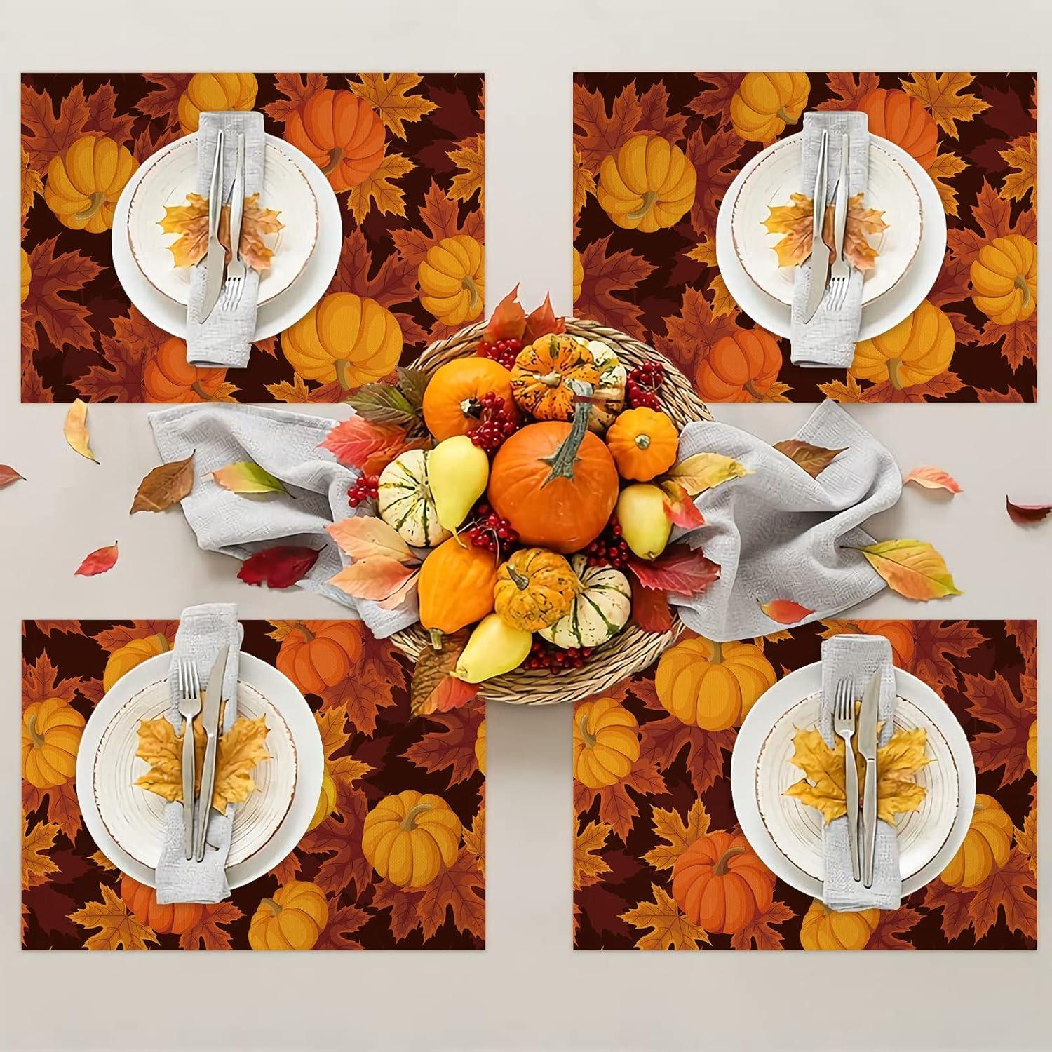 Thanksgiving Placemats Set of 6,Cotton Linen Heat Resistant Table Mats Washable Farmhouse Harvest Pumpkin Maple Leaves It''s Fall Y''all Placemat for Holiday Banquet Party Dining Kitchen Table Decor