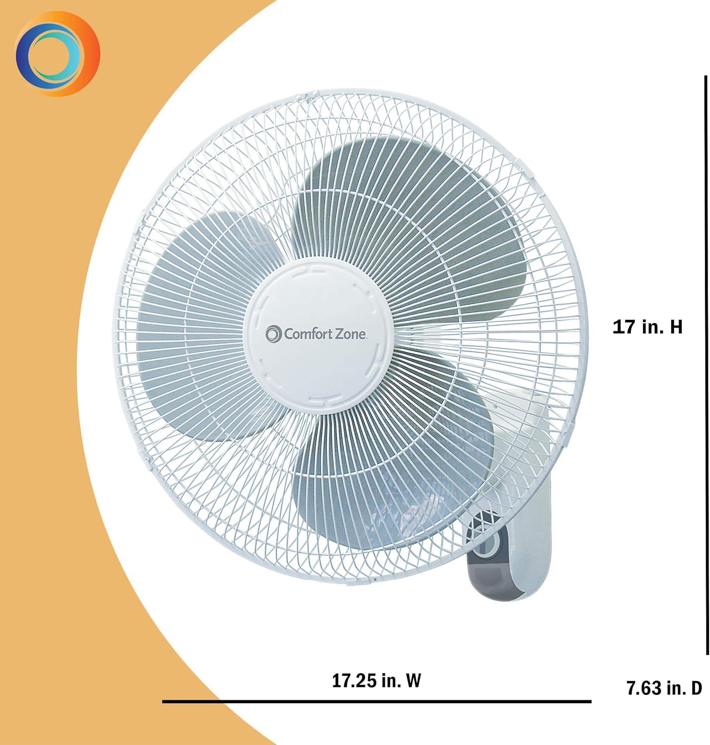 Comfort Zone 16" White and Gray Oscillating Wall Mount Fan