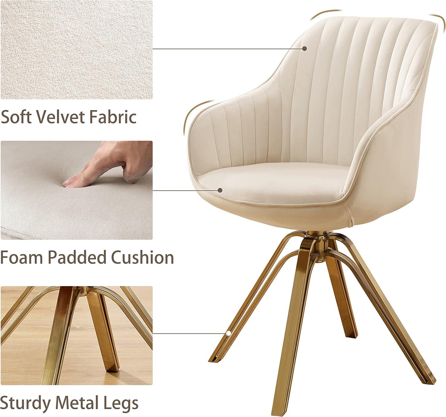 Off-White Contemporary Swivel Accent Chair with Gold Metal Legs