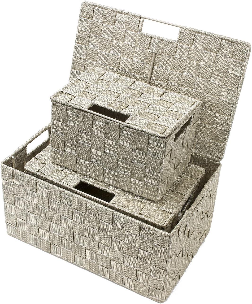 Beige Woven Square Storage Basket Set with Lids