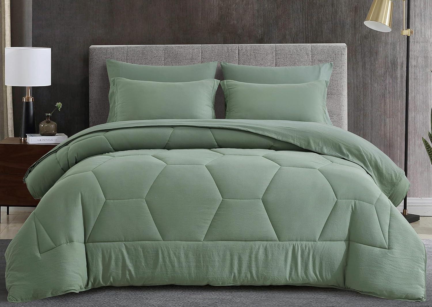 Chezmoi Collection Piper Full Bed in a Bag 7-Pieces Honeycomb Geometric Hexagon Quilted Stone Washed Microfiber Comforter with Sheets Lightweight All Season Bedding Set, Full, Sage Green