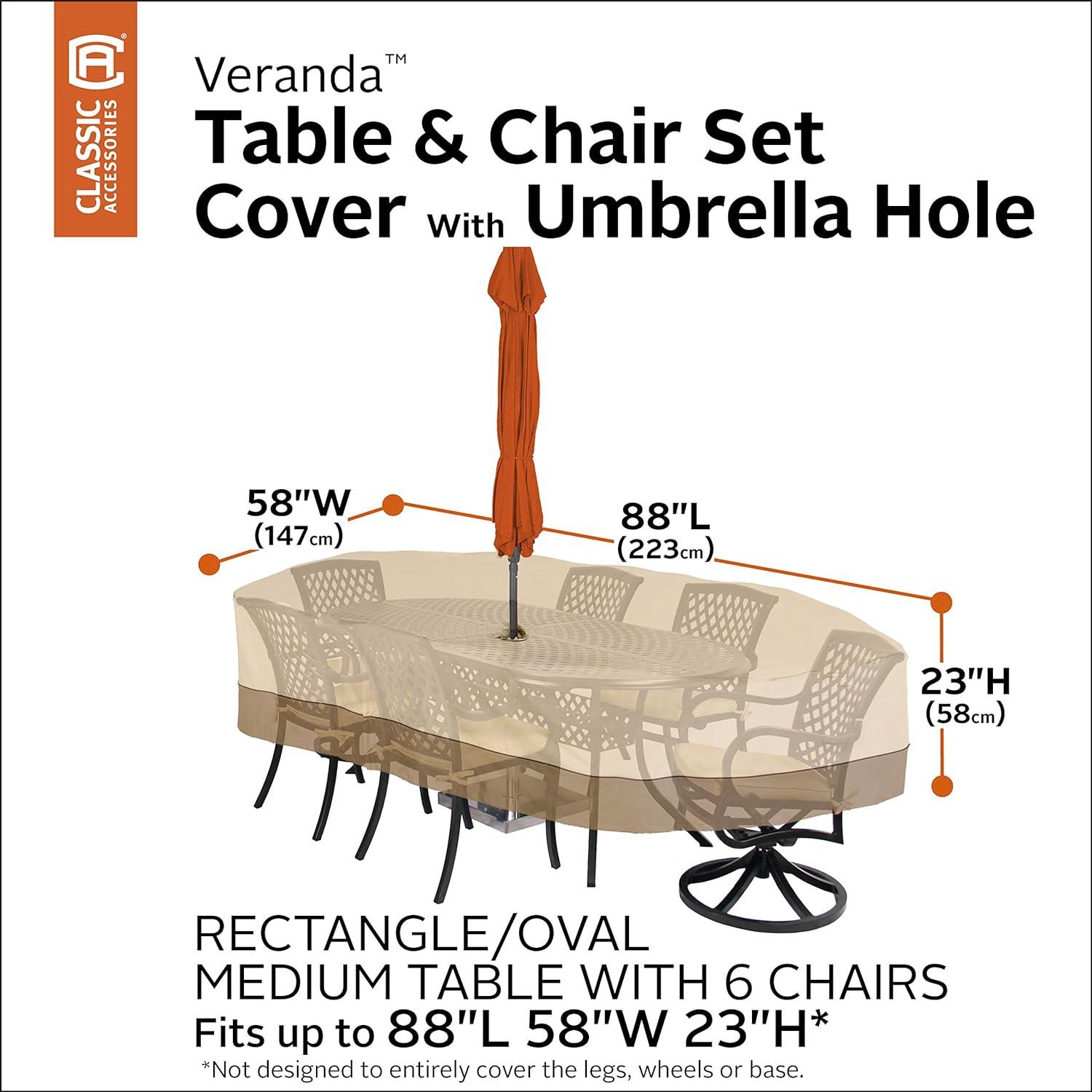 Classic Accessories Veranda Water-Resistant 88 Inch Rectangular/Oval Patio Table & Chair Set Cover with Umbrella Hole