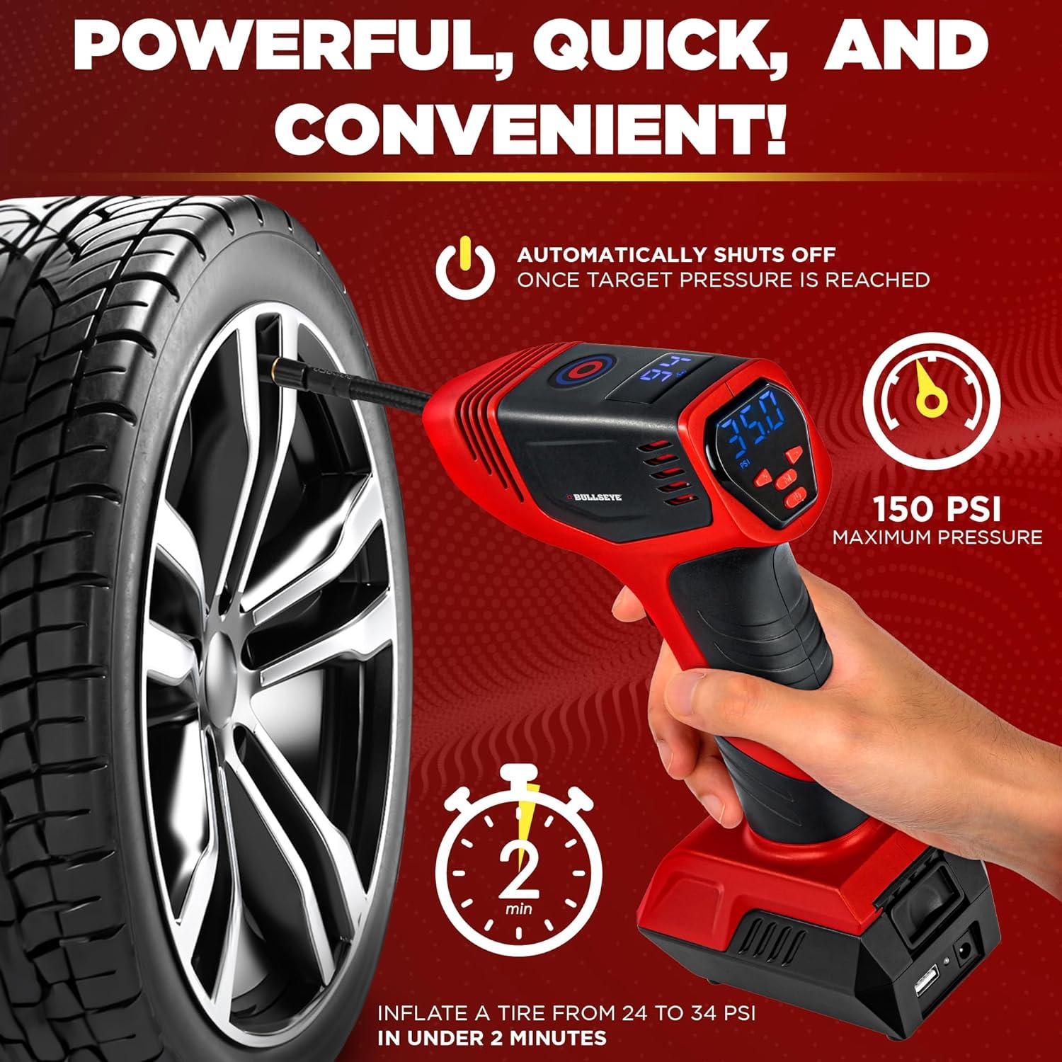 Bullseye Pro Portable Rechargeable Tire Inflator with Digital Pressure Gauge - Red