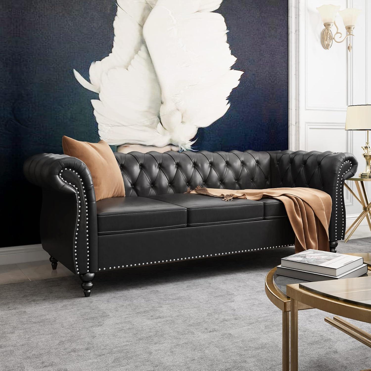 PU 3 Seater Sofa, Chesterfield Sofa Modern Tufted Couch 3 Seater Large Sofa with Scroll Arms and Nailhead for Living Room, Black PU