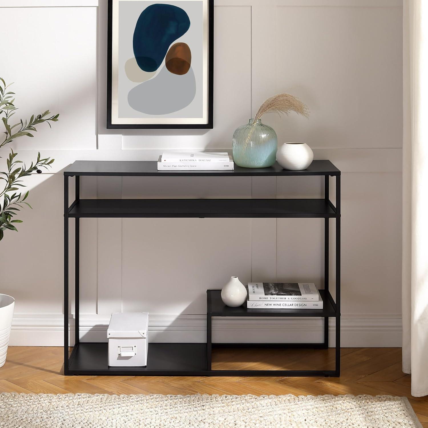 42" Metal and Wood Console Table with Tiered Shelves - Black