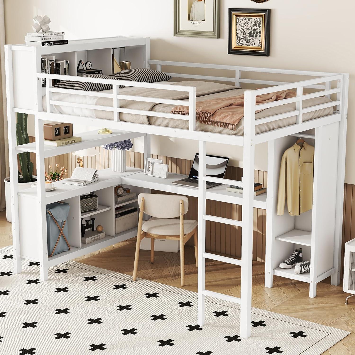 Full Size Metal Loft Bed with Wardrobe and L-Shaped Desk, Heavy-Duty Loft Bed with Storage Cubes and Shelves, White - ModernLuxe
