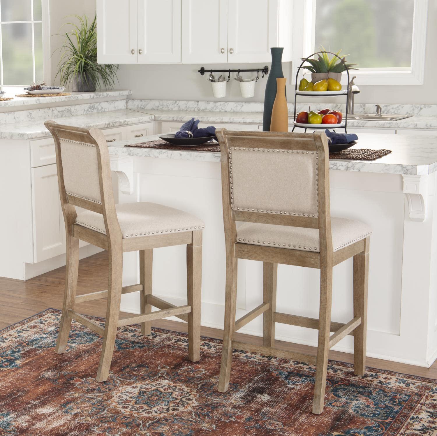 Emmy Padded Back Nailhead Counter Height Barstool Natural - Linon: Upholstered, Footrest, Rustic Wash