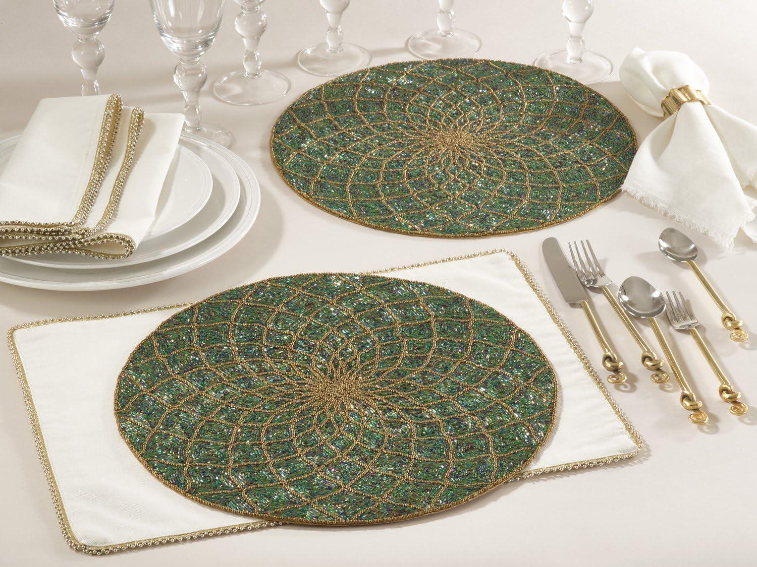 Teal and Gold Beaded Glass Round Placemats, Set of 4