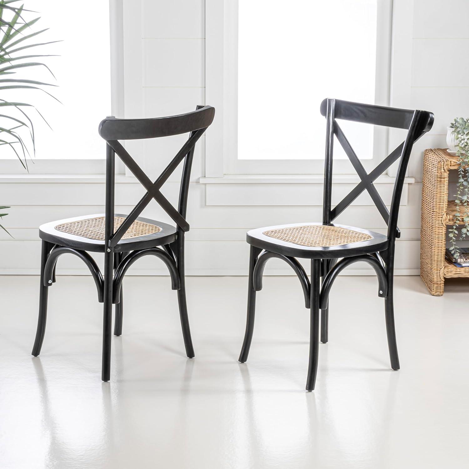 Cassis Classic Traditional X-Back Wood Rattan Dining Chair, Black/Natural (Set of 2) - JONATHAN Y