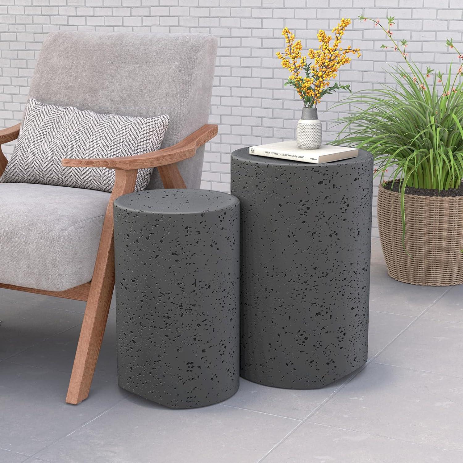 Dark Grey Spotted Concrete Round Outdoor Side Tables, Set of 2