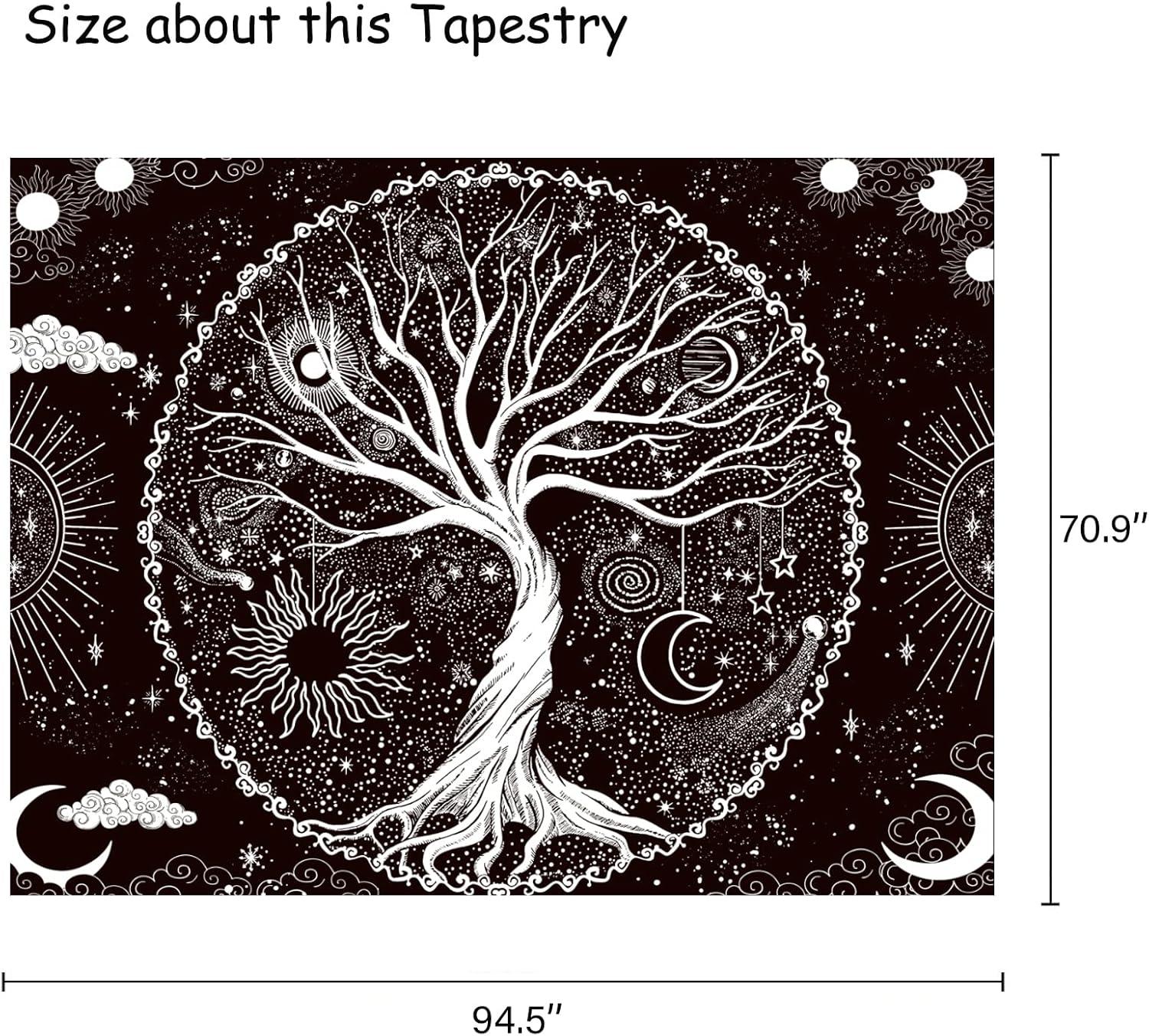 BCIIG Tree of Life Tapestry Wall Hanging Black and White Wishing Tree Galaxy Space Sun & Moon Tapestry Psychedelic Mystical Aesthetics Wall Hanging Living Room Bedroom Cosmic Tree