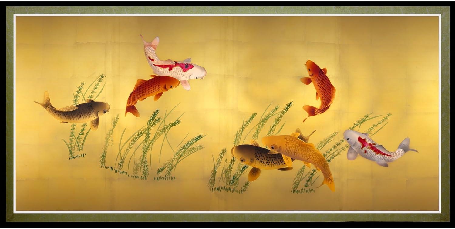 Seven Lucky Fish Gold and Black Canvas Wall Art