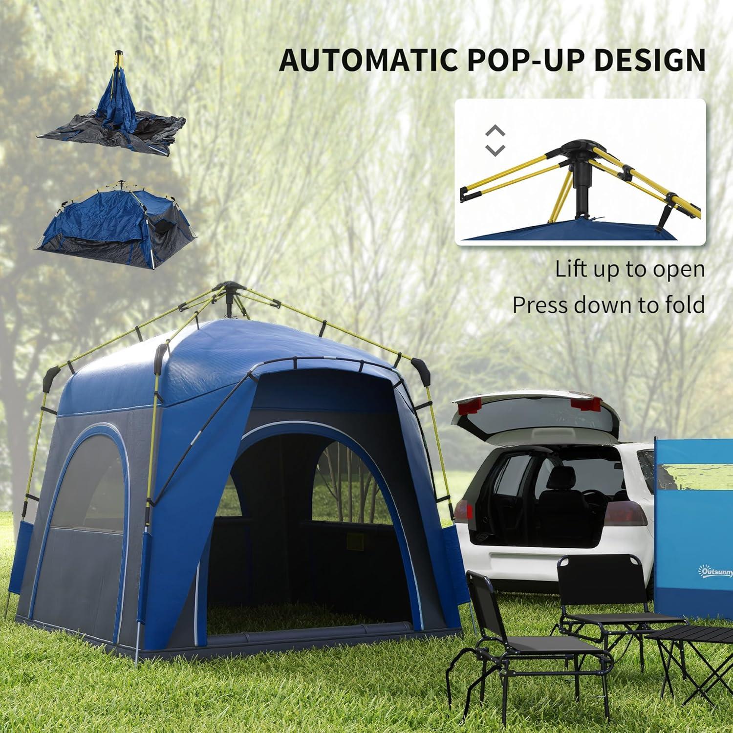 Outsunny Camping Tents 4 Person Pop Up Tent Quick Setup Automatic Hydraulic Family Travel Tent w/ Windows, Doors Carry Bag Included