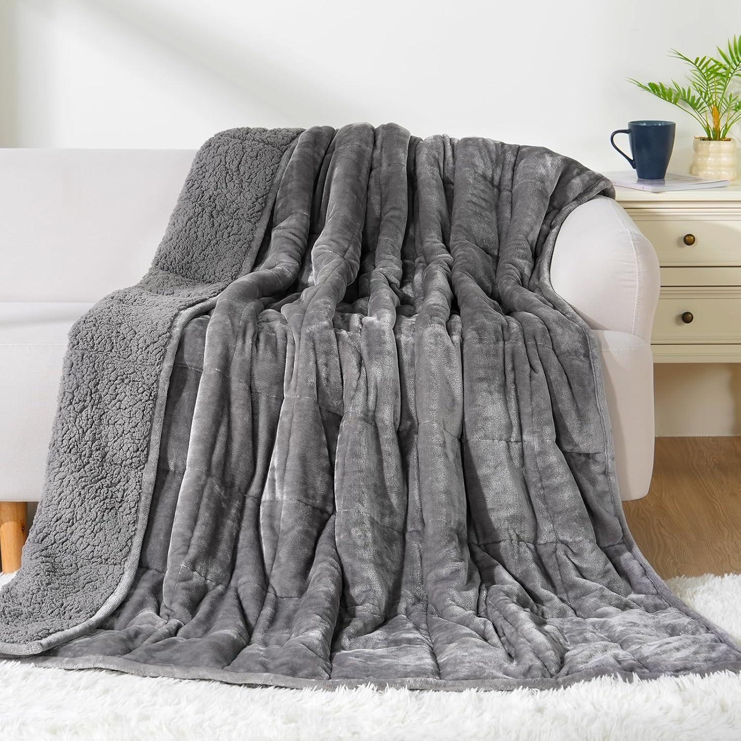 Cottonblue Faux Fur Weighted Blanket 15 lbs, Long Fur Fluffy Weighted Blanket Twin Size for Adults, Cozy Warm Fuzzy Sherpa Reverse Heavy Blanket for Sofa Bed Couch, 48 x 72 Inches, Morandi Grey