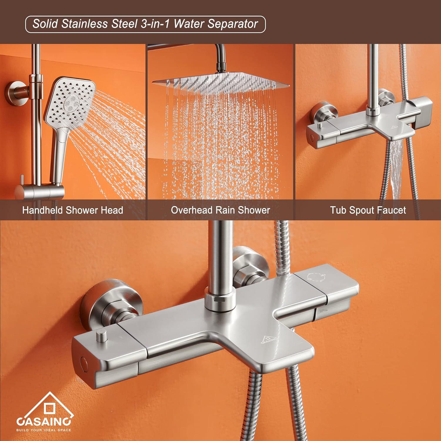 4-Spray Patterns 9.8 in. Thermostatic Tub Wall Mount Dual Shower Heads Shower Faucet in Brushed Nickel