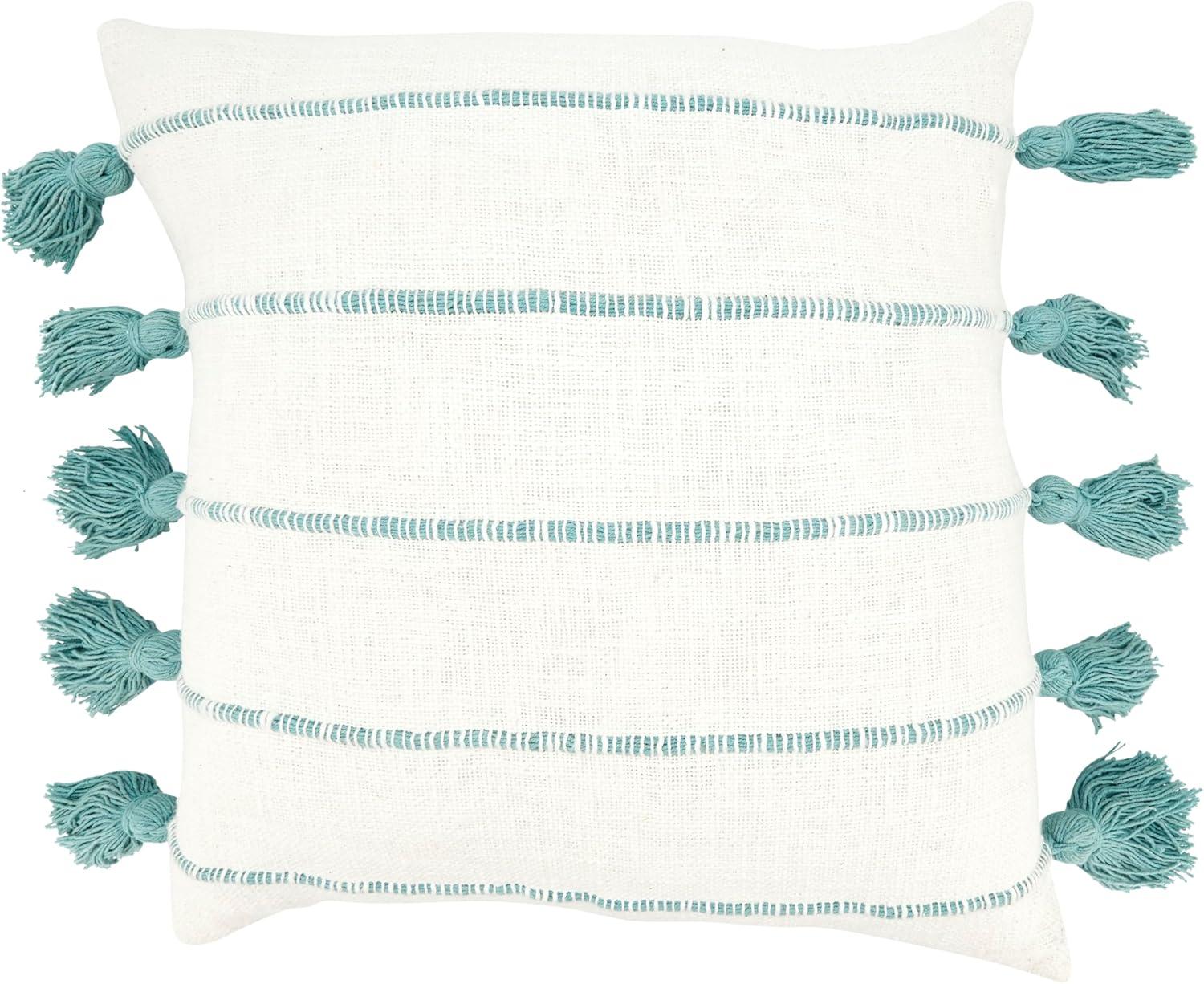 Mint and White Cotton Tassel Stripe 18" Throw Pillow