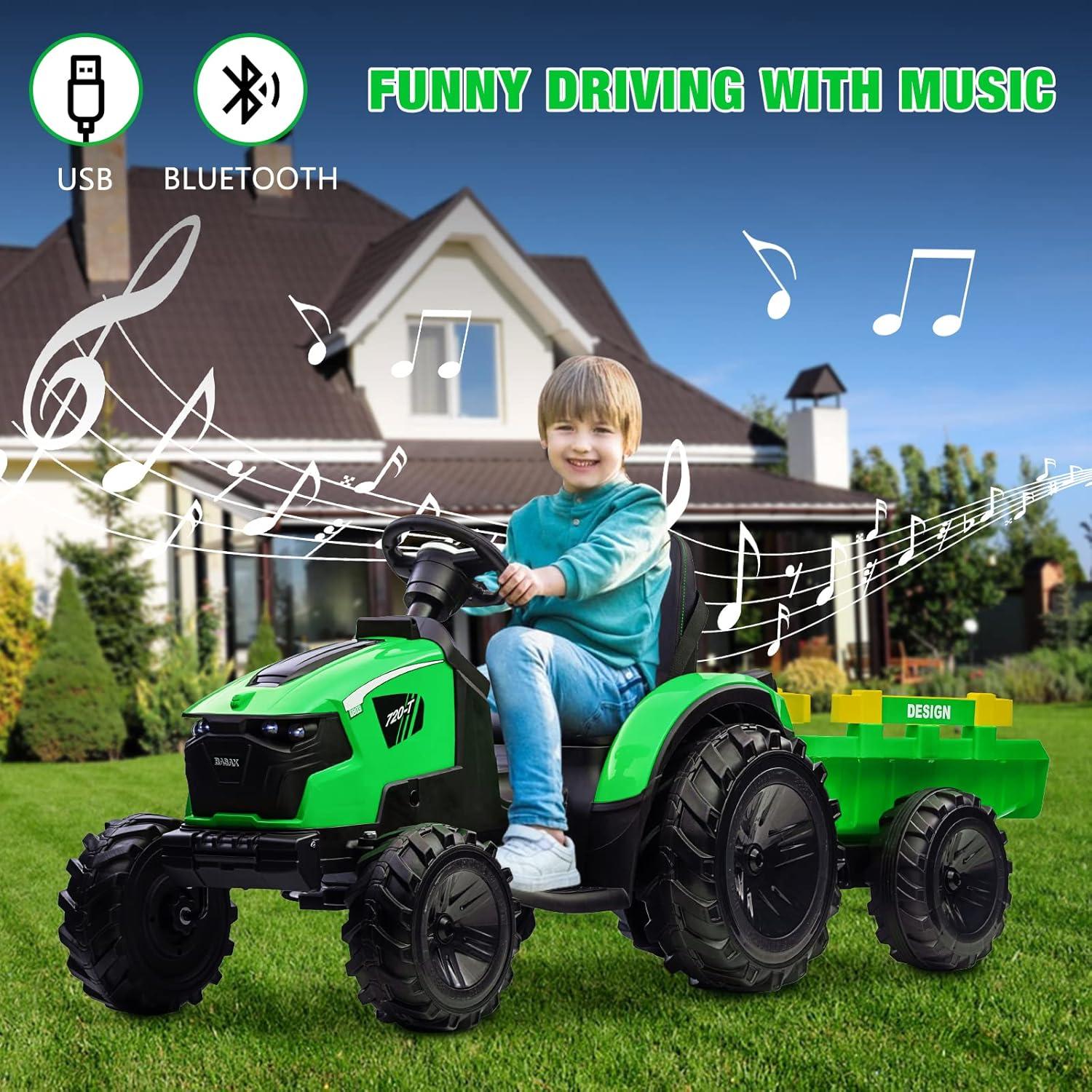 EastVita 3 in 1 Ride on Tractor, Excavator & Bulldozer, 24V Ride on Car Toy Electric Vehicle w/Trailer, Shovel Bucket Green