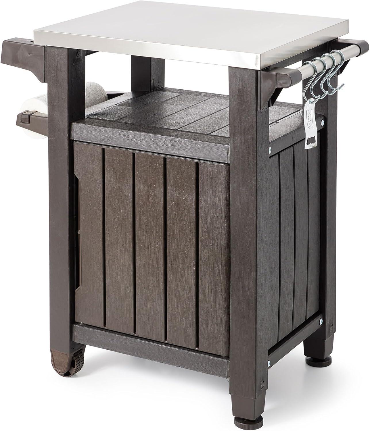 Keter Unity 40 Gal Patio Storage Grilling Bar Cart w/ Stainless Steel Top