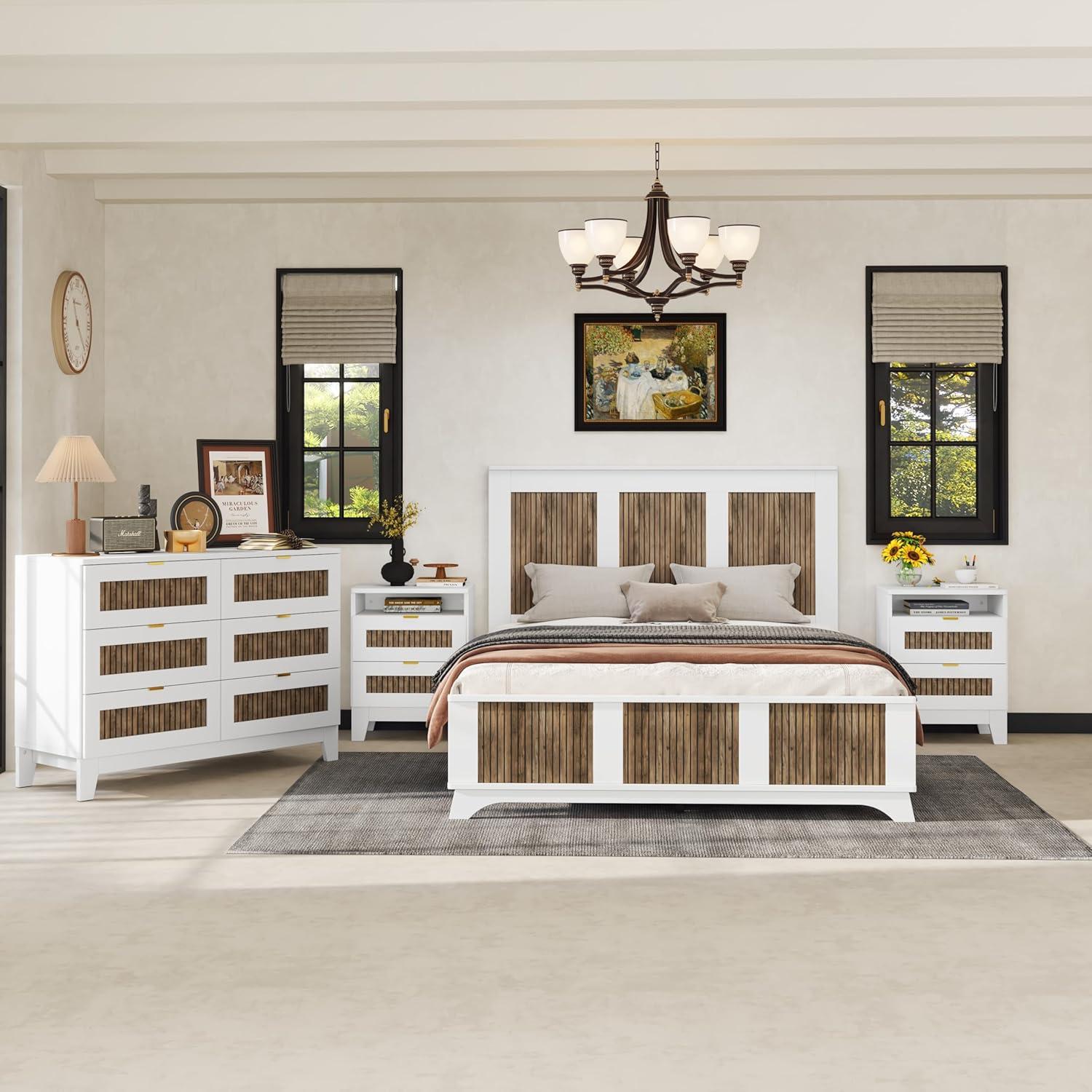 4 Pieces Bedroom Sets Queen Size Farmhouse Platform Bed with Wooden Strip Decoration, 2 Storage Nightstands and A 6-Drawer Dresser with Metal Handle for Kids Teens Adults - White