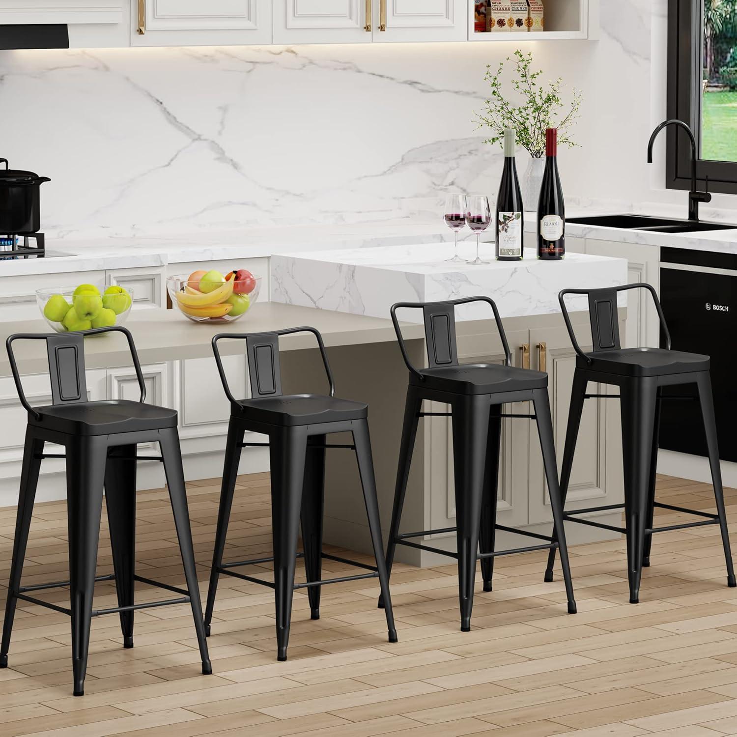 Set of 4 Black Metal and Wood Counter Height Bar Stools