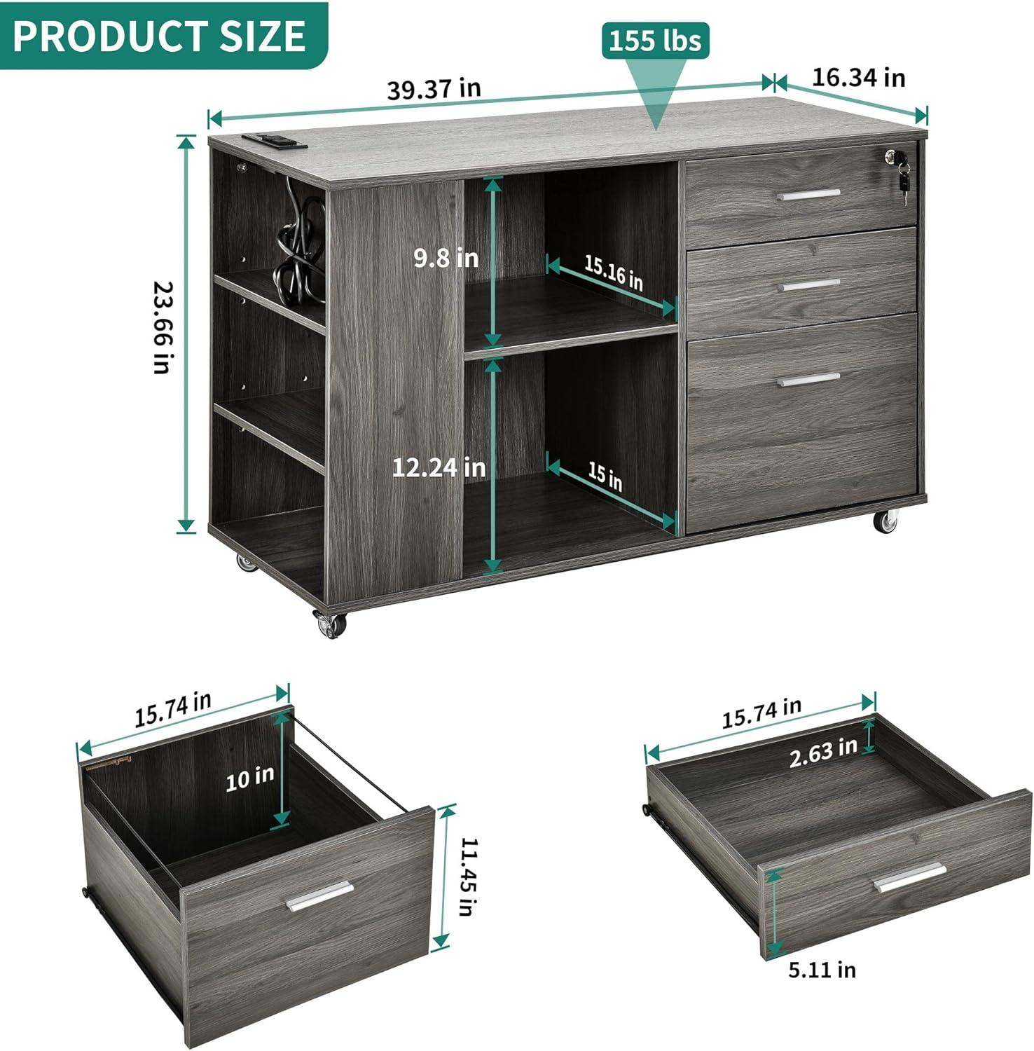 Gray Wood Mobile File Cabinet with Charging Station and Lock