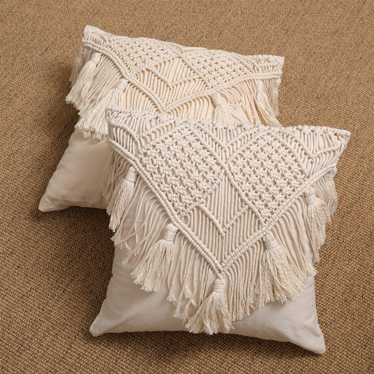 Cream Macrame Boho Throw Pillow Covers with Tassels, Set of 2