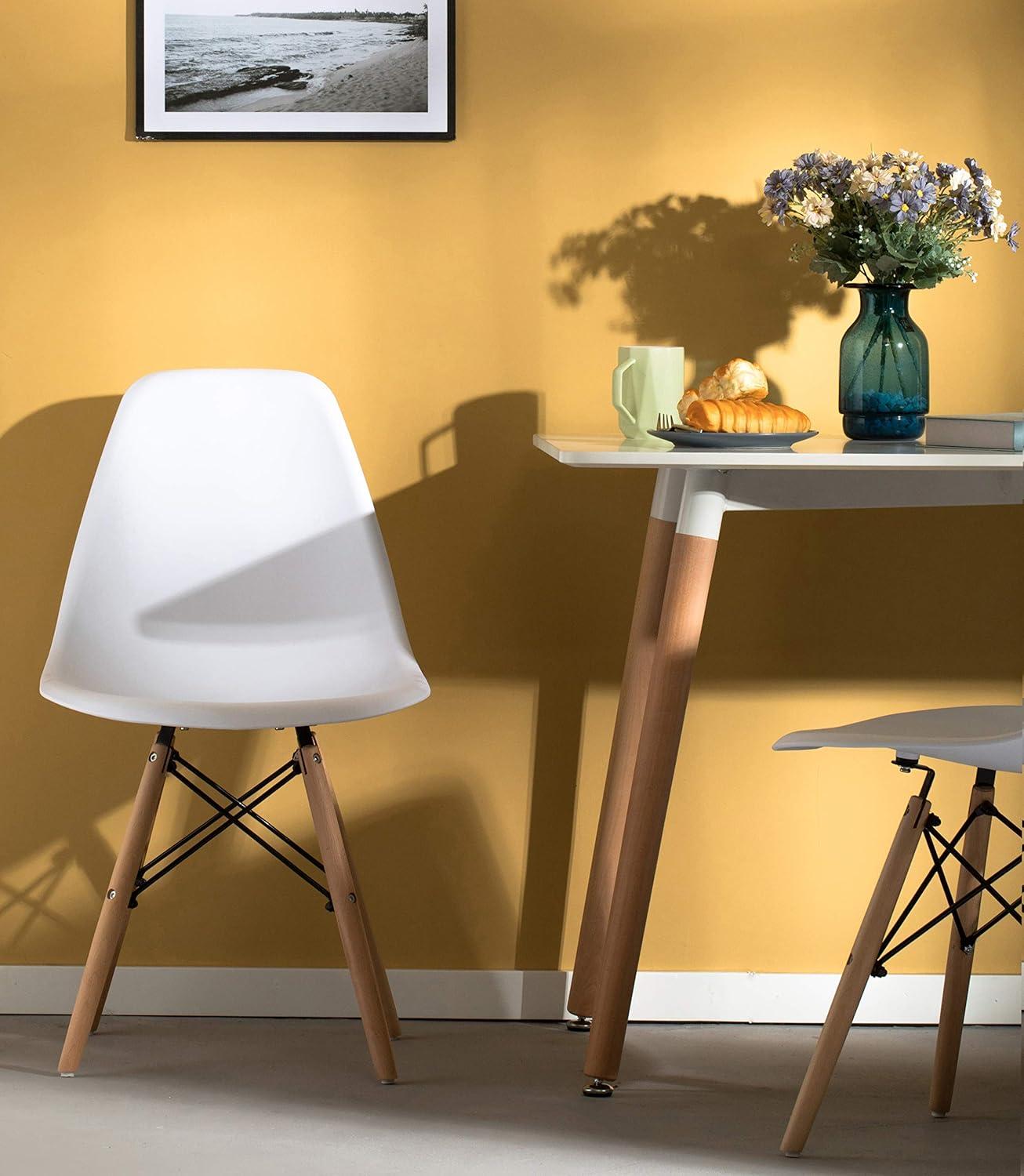 Fabulaxe Mid-Century Modern Style Plastic DSW Shell Dining Chair with Solid Beech Wooden Dowel Eiffel Legs, White