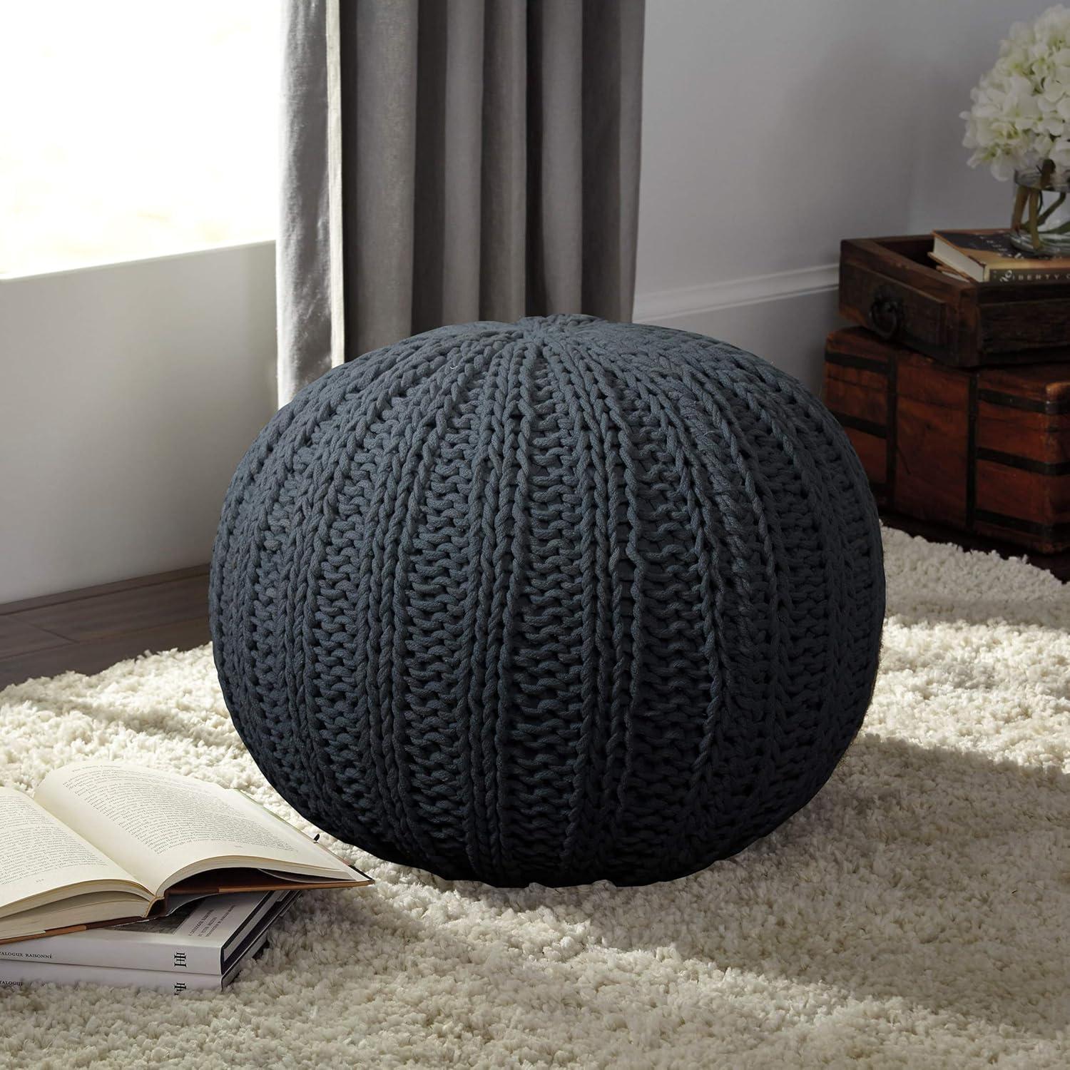 LR Home Medium Solid Transitional Indoor Round Pouf, Gray, 20" x 20" x 16"