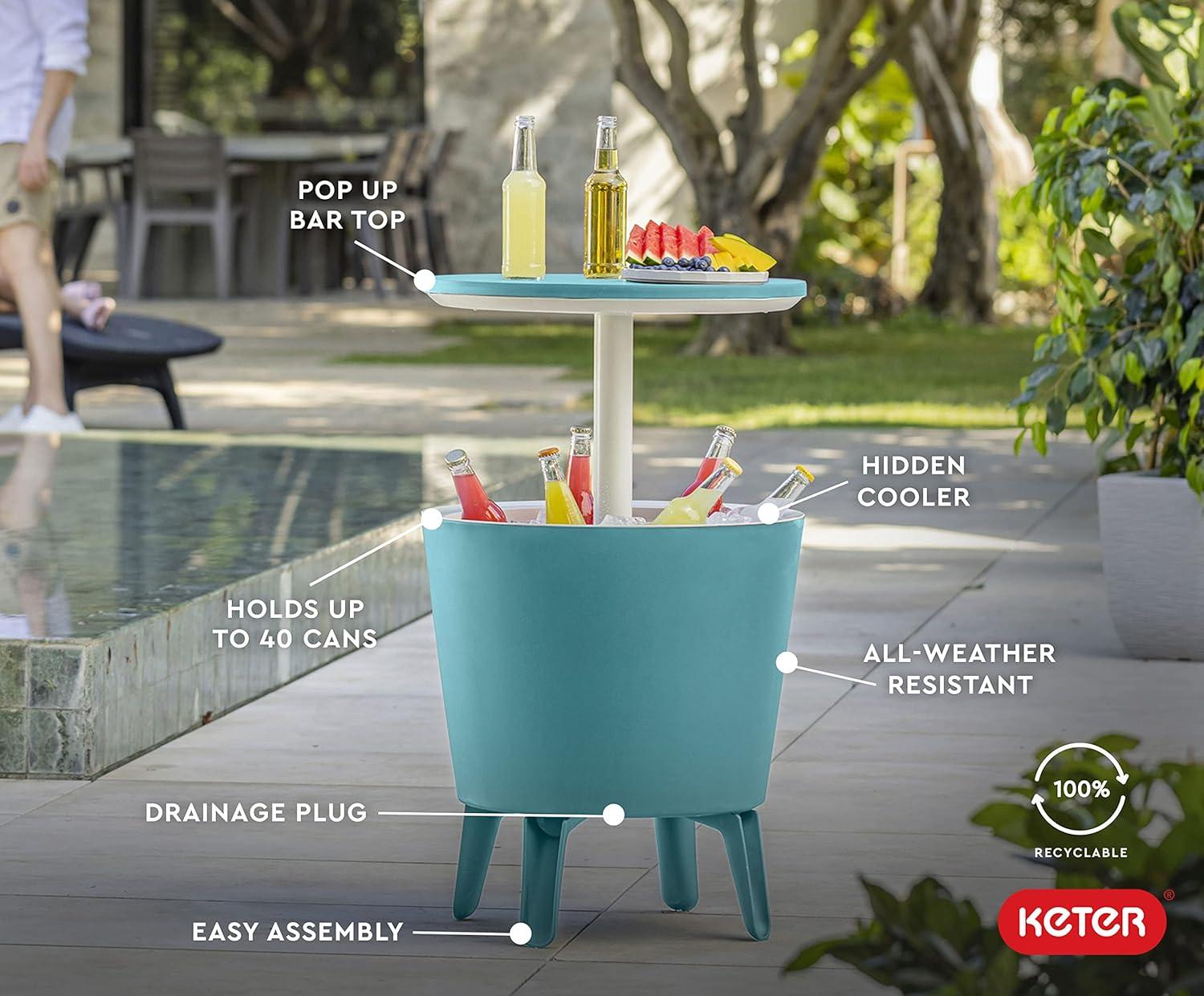 Keter 32 Qt. Cool Bar Cooler Outdoor Weather Resistant Patio Furniture 2 in 1 Side Table and Bar