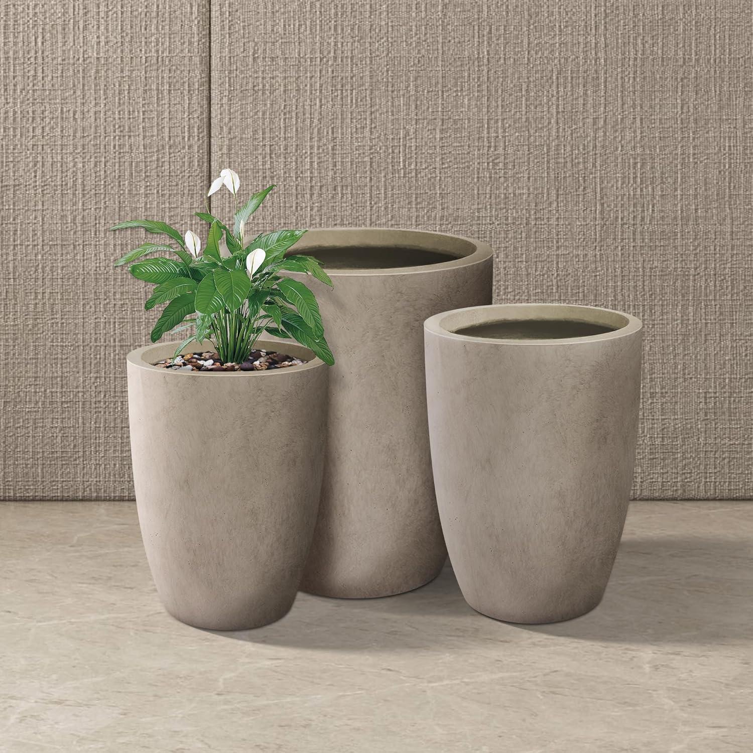 Weathered Gray Tall Round Concrete Planters Set of 3