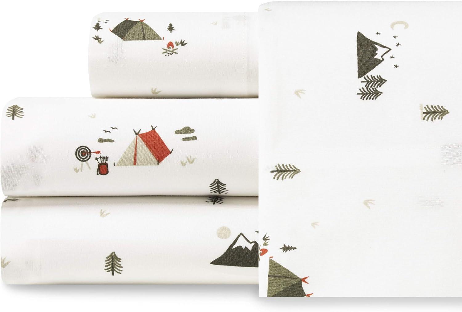 Twin White Organic Cotton Percale Camping Print Sheet Set