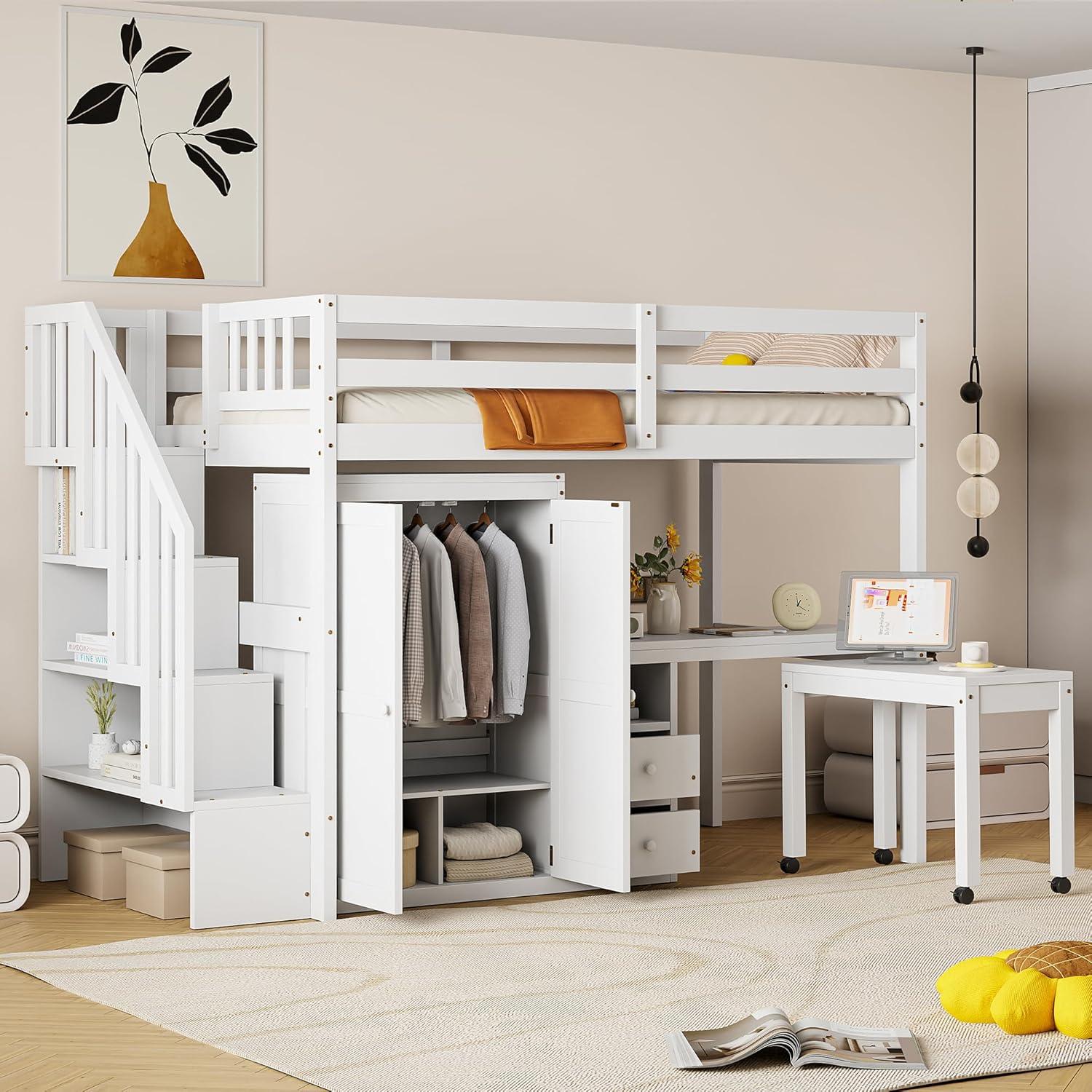 Harper & Bright Designs Twin Size Loft Bed with Stairs and Bookshelf, Wood Twin Storage Bed with Desk & Wardrobe, Space-Saving Multifunctional Furniture for Kids & Teens - White