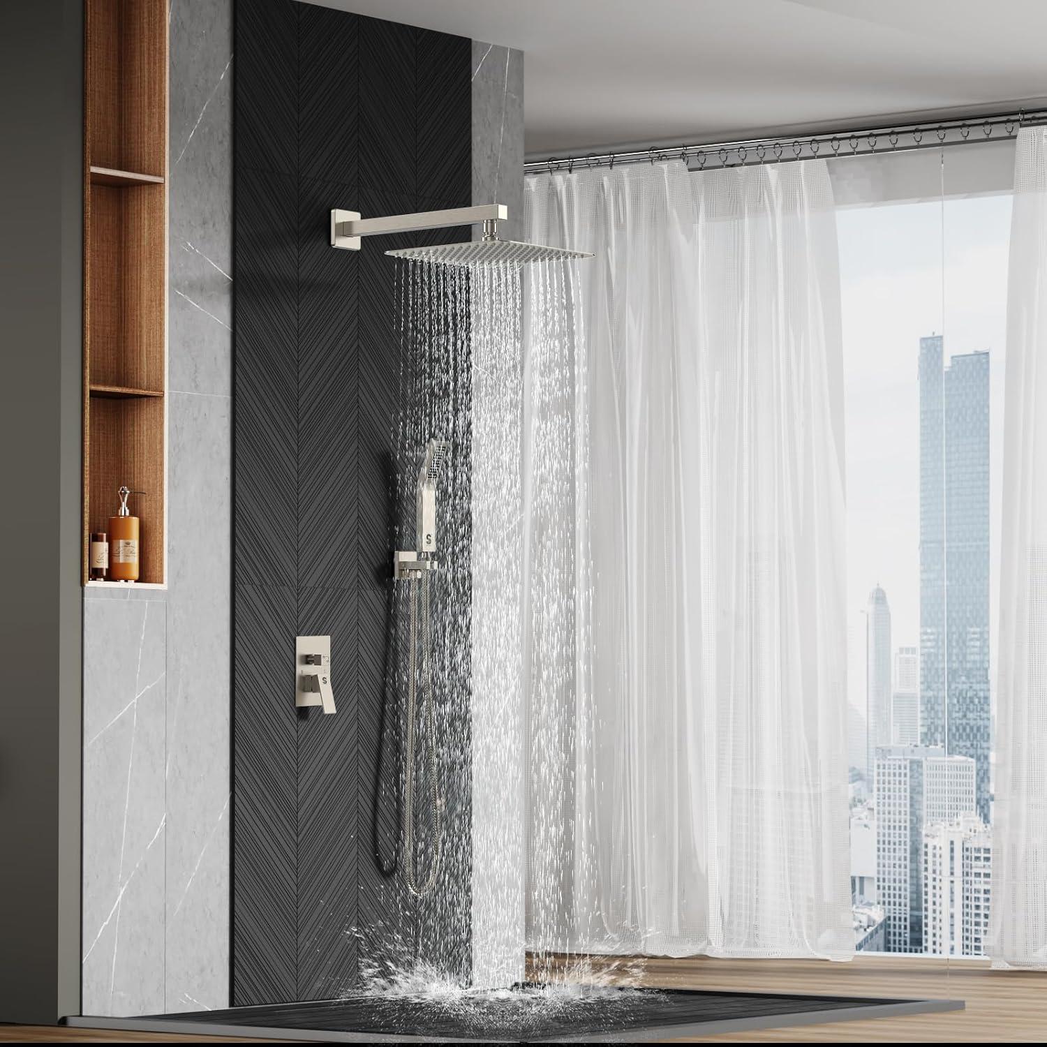 SR SUN RISE 12 Inch Ceiling Mount Brushed Nickel Shower System Bathroom Luxury Rain Mixer Shower Combo Set Ceiling Rainfall Shower Head System Faucet Trim Repair Kits with Rough-in Valve and Trim