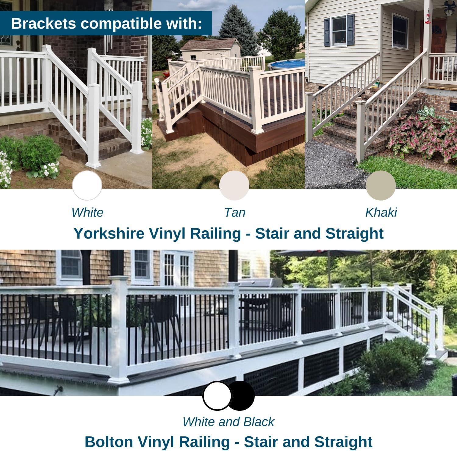 Weatherables Stair Vinyl Railing Brackets – Porch and Deck Railing Bracket Set for Stairs, Top & Bottom Classic Brackets for Yorkshire and Bolton Vinyl Railing Kit (White)