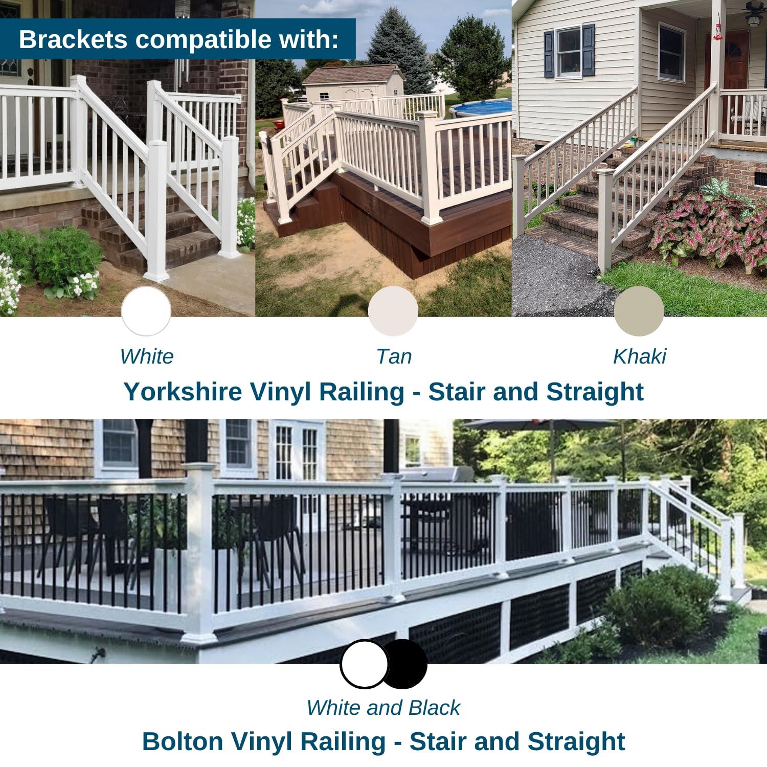 Weatherables Stair Vinyl Railing Brackets – Porch and Deck Railing Bracket Set for Stairs, Top & Bottom Classic Brackets for Yorkshire and Bolton Vinyl Railing Kit (White)