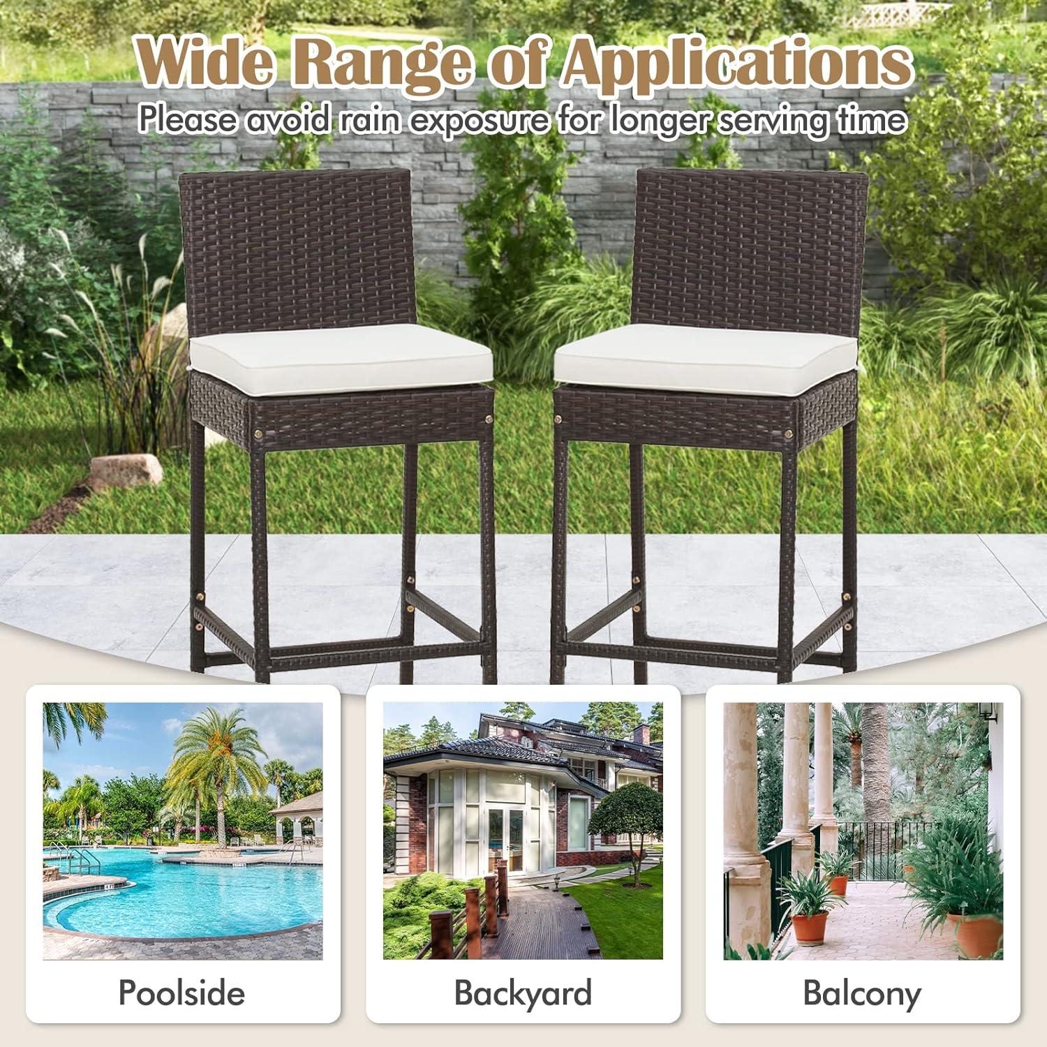 Kepooman Outdoor Bar Stool, 2 Pieces Patio Cushioned Wicker Barstools with Cozy Footrest-Set of 2