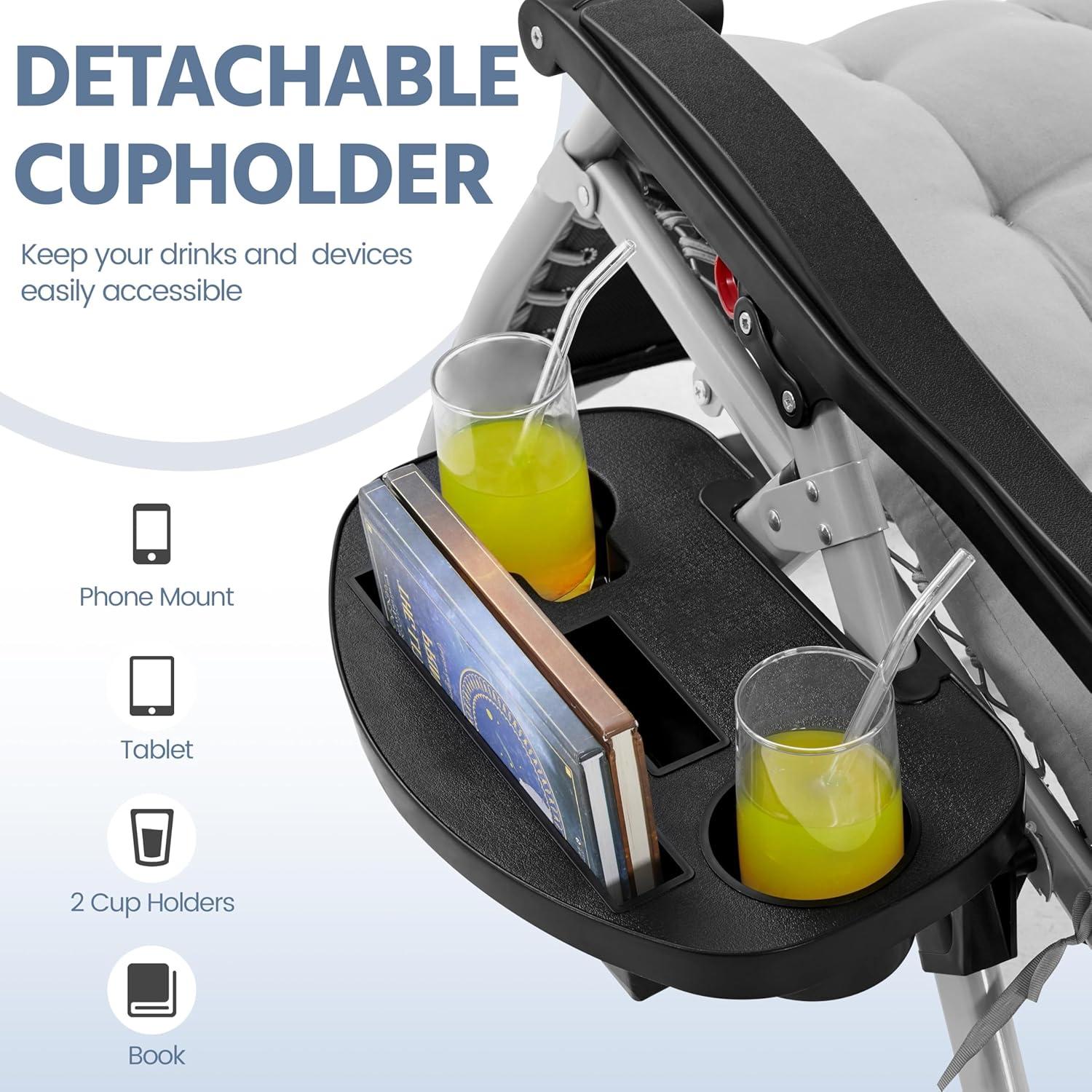 Yaheetech Zero Gravity Chair, Folding Reclining Lounge Recliner with Removable Pad & Headrest & Side Cup Holder Tray for Indoor and Outdoor Gray/2