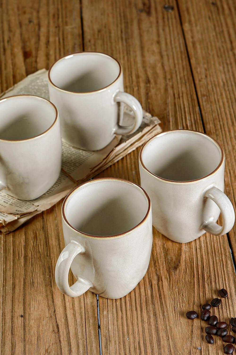 FAST APPLIANCES LLC Coffee Mugs Set Of 4, Ocean Square 13Oz Coffee Cup Set With Handle For Cocoa, Milk, Hot Chocolate, Tea, Water, Stoneware Cups For Kitchen, Microwave And Dishwasher Safe, Vanilla White