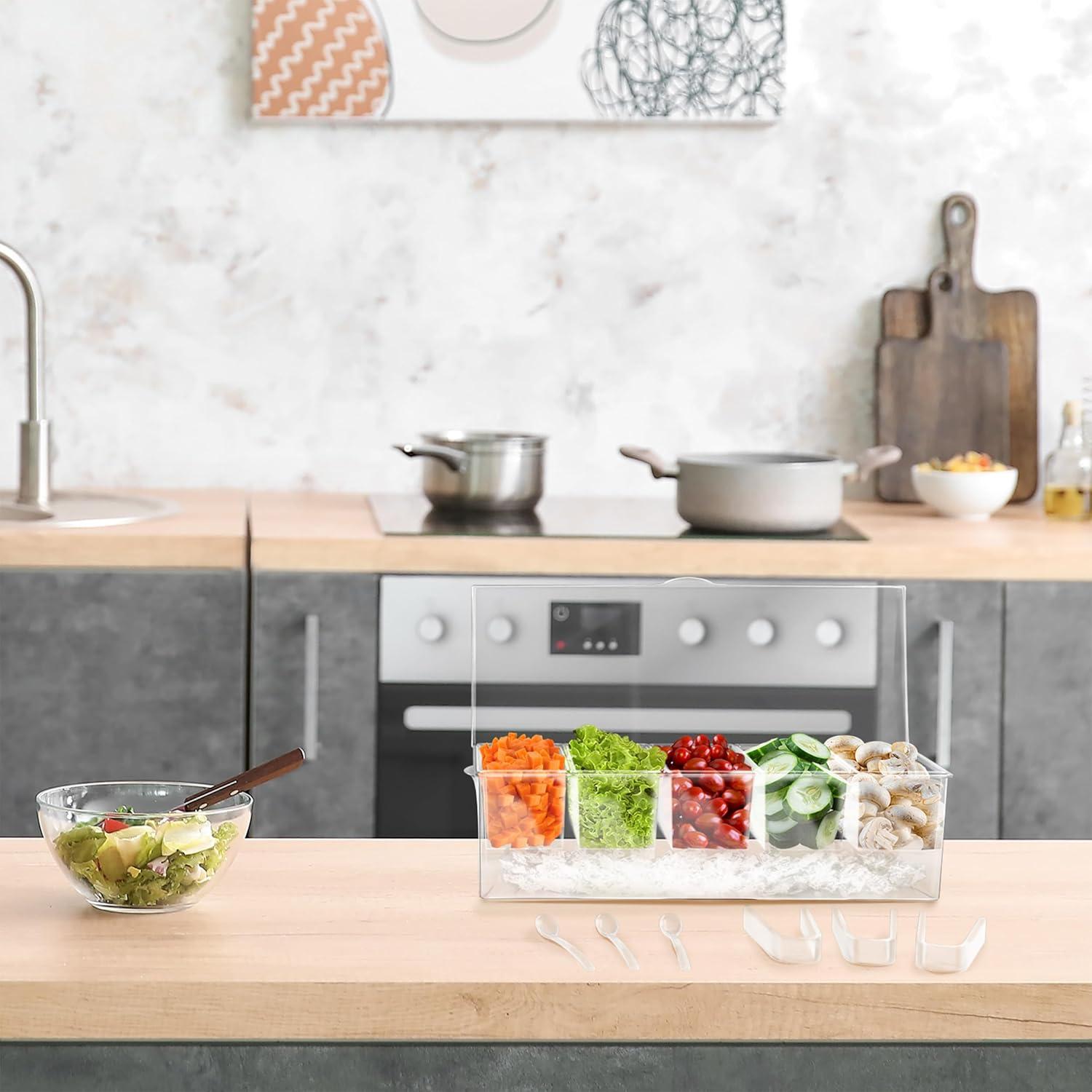 7Penn | Condiment Tray with Ice Chamber Lid Tongs Spoons 5 Condiment Containers