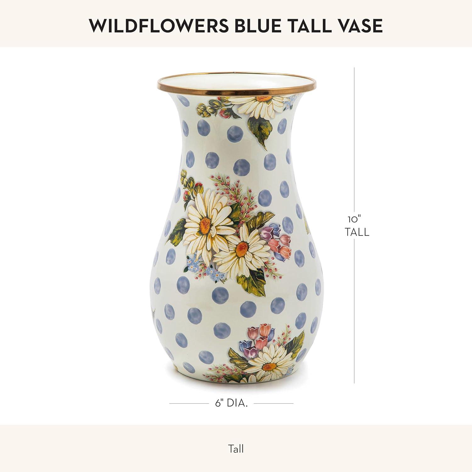 Blue Floral Polka Dot Tulip Vase with Bronze Rim