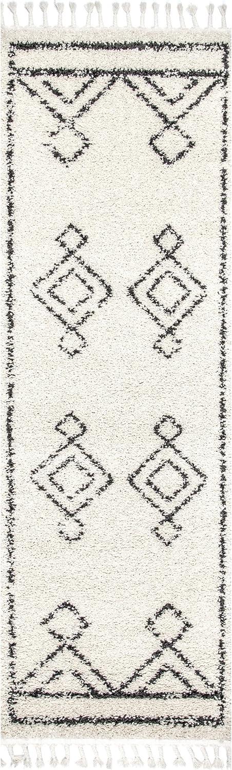 Off-White Moroccan Diamond Tassel Shag Runner Rug