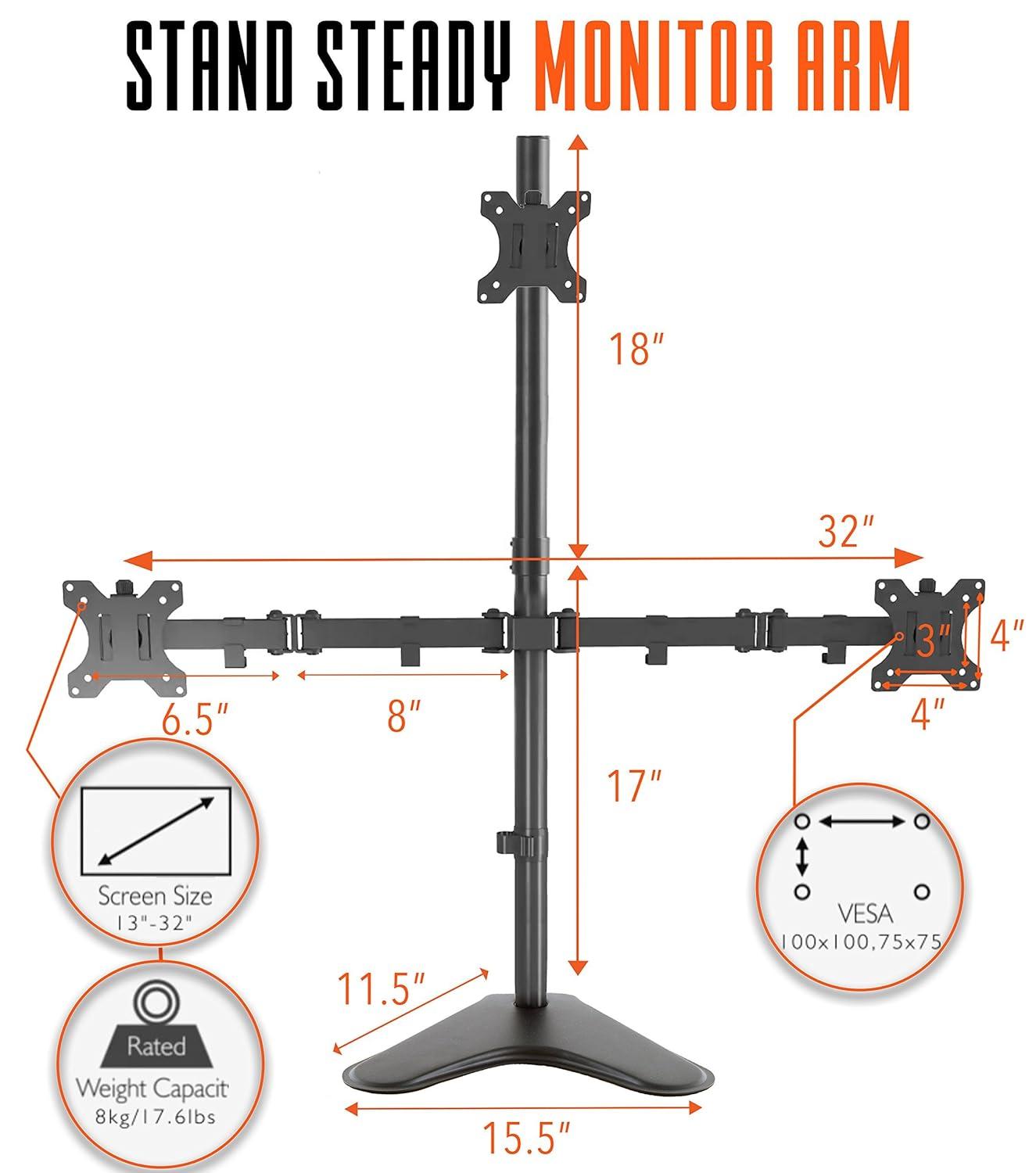 Triple Monitor Mount – Freestanding Monitor Arm with 3 Adjustable VESA Mounts – Black – Stand Steady