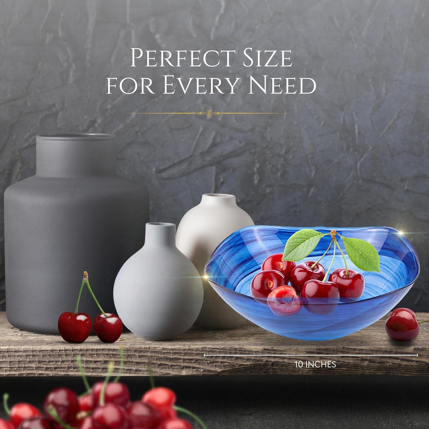 Badash Decorative Glass Serving Bowl, Alabaster Glass Centerpiece Fruit Bowl, Home Décor Table Accent Bowl, 10” Diameter, Cobalt Blue