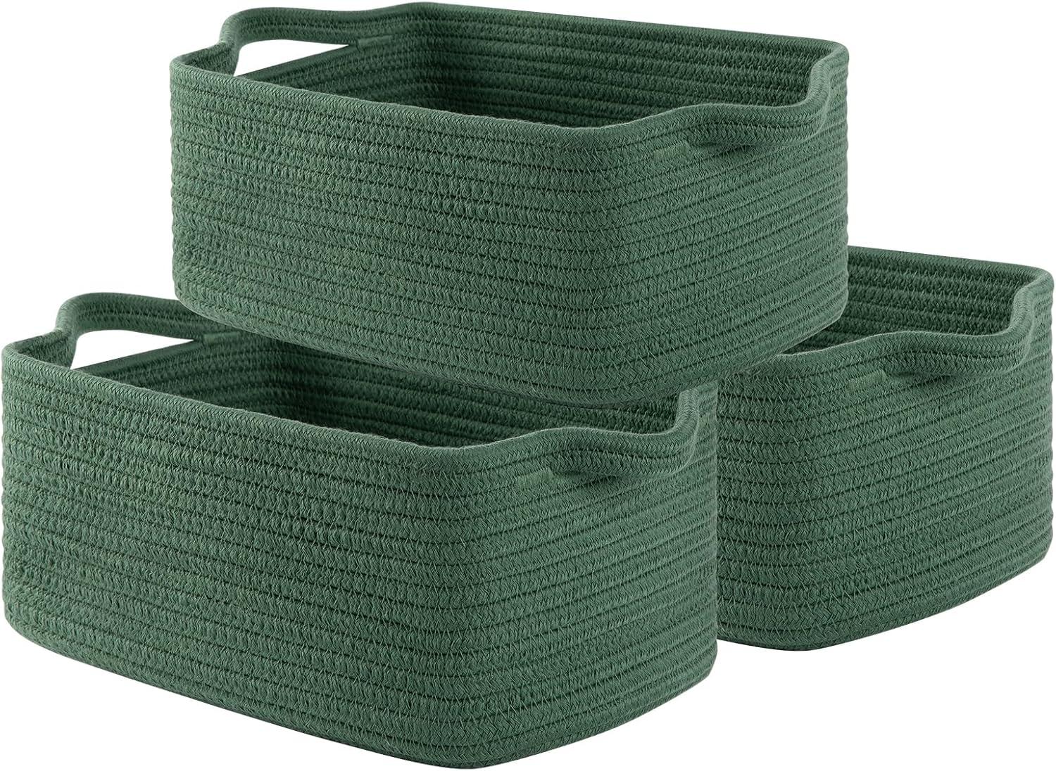 Design 3-Pack Storage Baskets for Shelves, Decorative Baskets for Organizing, Woven Baskets for Storage, Book Basket Cube Storage Bin Box, Pantry Closet and Shoe Organizers, Forest Green