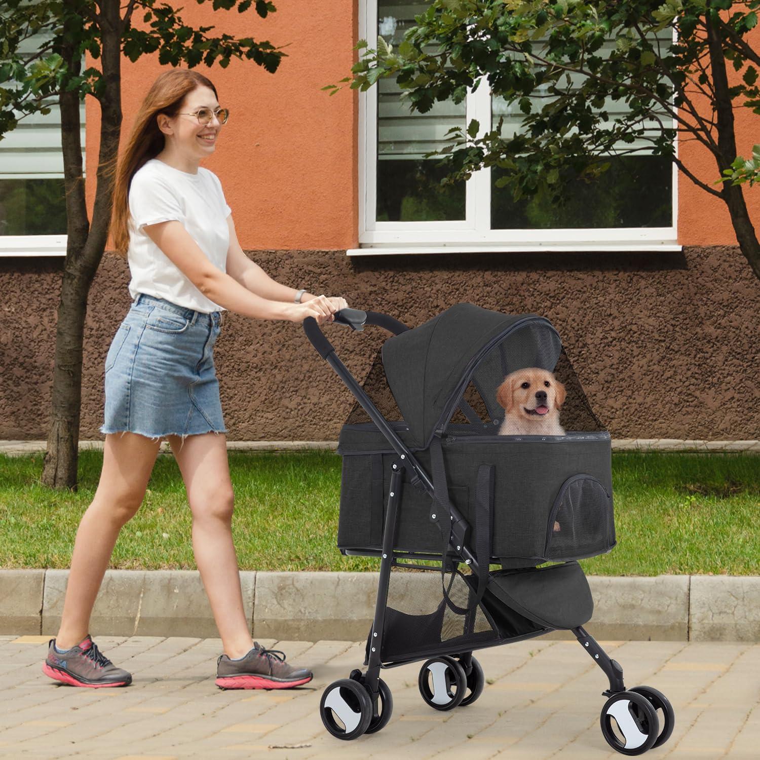 FDW Pet Stroller 3 in 1 Multi-Function Dog Stroller Jogging Stroller with Detachable Carrier, Lightweight Travel Stroller for Small and Medium-Sized Pets (Black, 3 Wheels)
