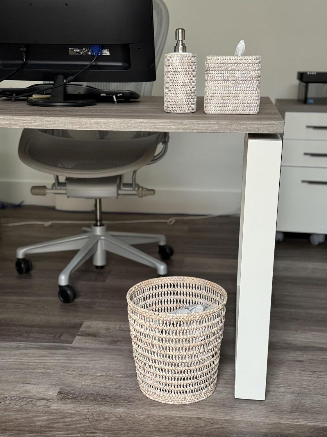 White Wash Rattan Mesh Round Waste Basket with Liner